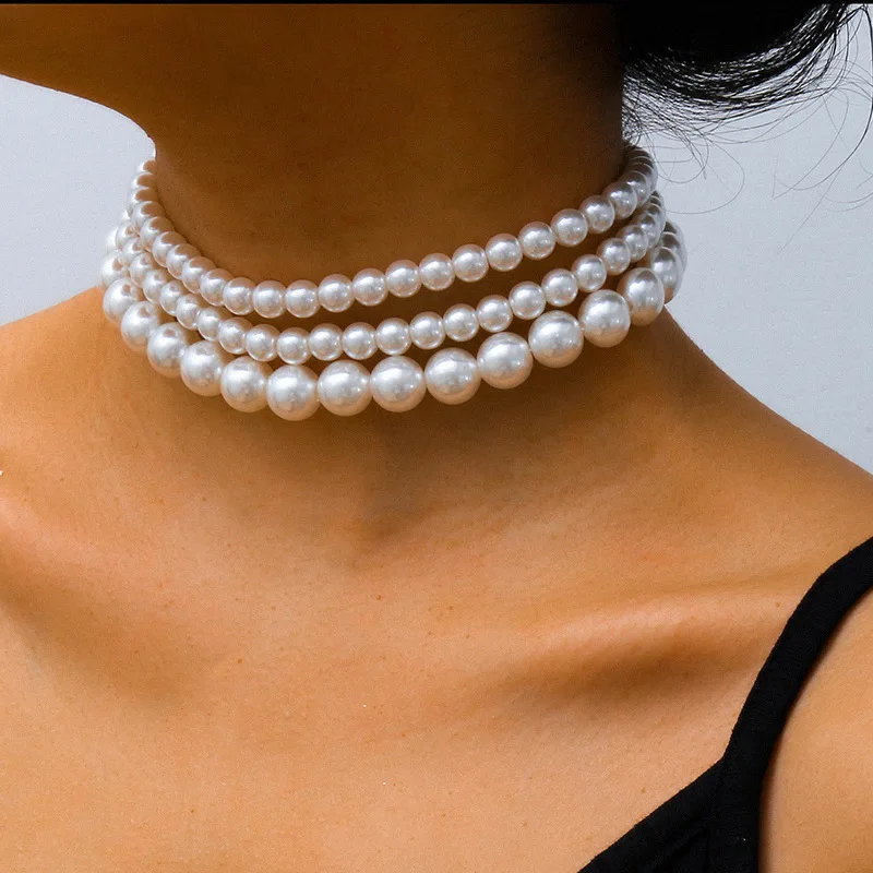 

2022 Luxury Chic Simple Multi-layers Statement Simulated Pearl Choker Necklace Party Wedding Jewelry