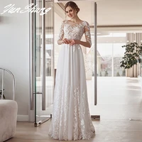 yunshang half sleeve a line wedding dress 2022 lace appliques o neck civil bridal gown with button back tulle floor length