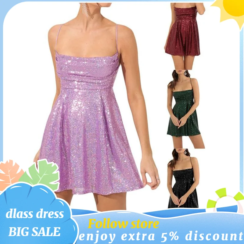

Sexy Women Summer Colorful Sequins Mini Cocktail Dresses Sleeveless Spaghetti Strap Ruffle Evening Party Night Club Dress 2023