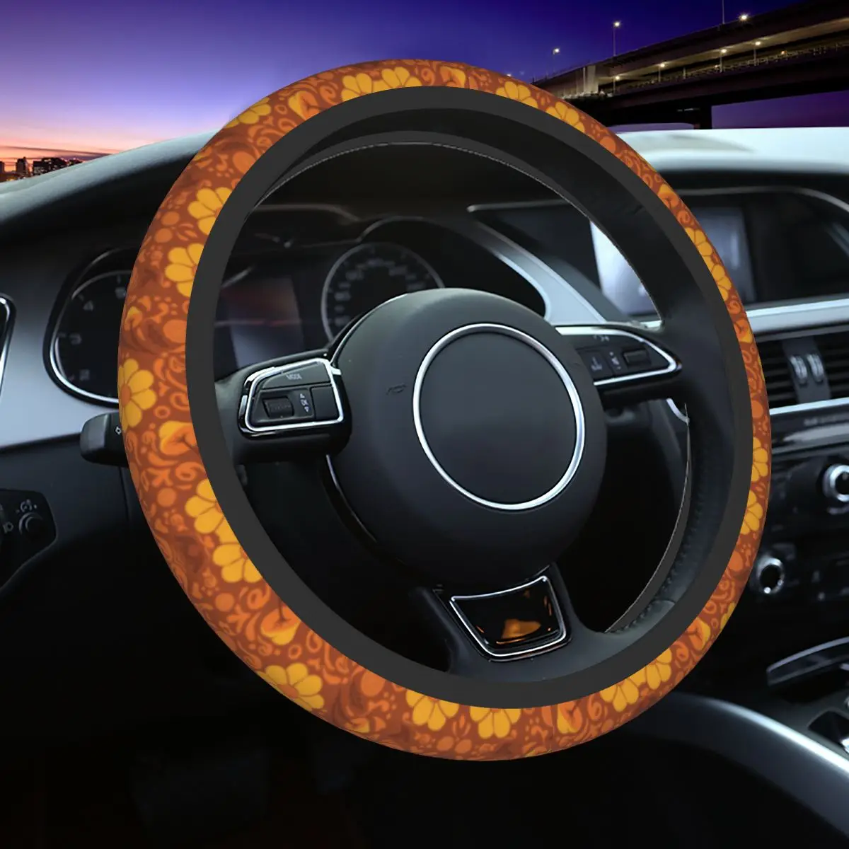 

38cm Retro Hippie Groovy Floral Garden Pattern Steering Wheel Cover Auto Car Steering Wheel Protector for Sedan Car Accessories