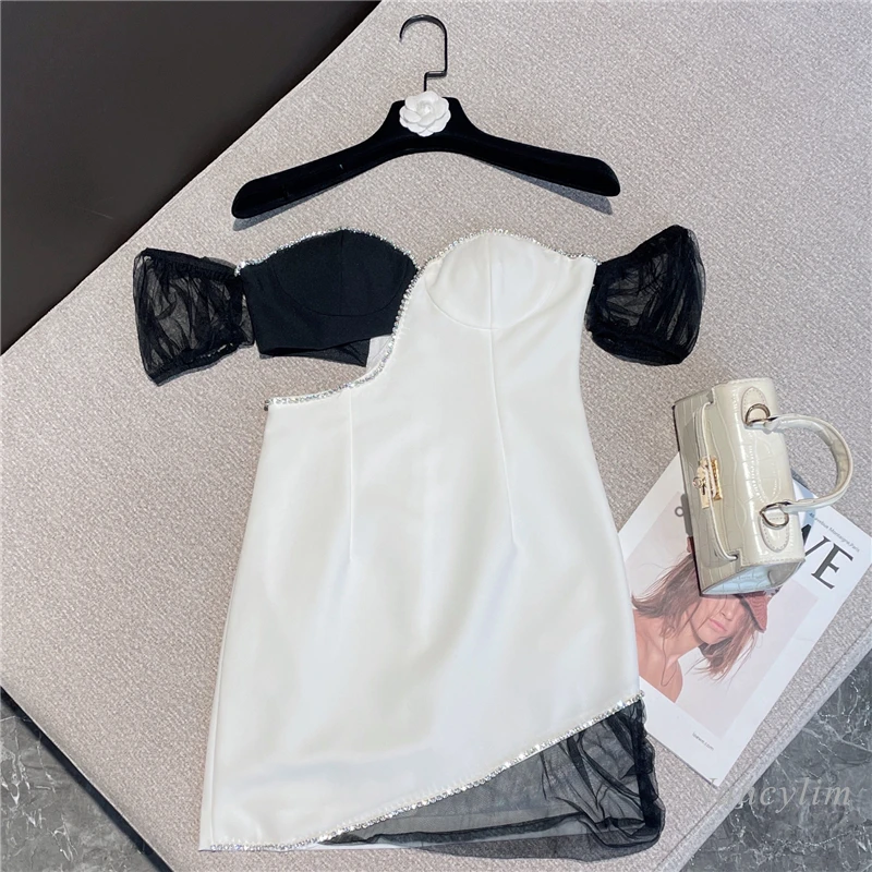 

2022 Summer Sexy Dresses Womans New Slim Fit Black and White Contrast Color Rhinestone Edge Lace Flounced Sleeve Dress Mujer