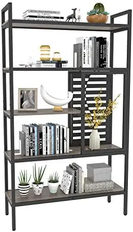 Adjustable Industrial Bookshelf, Modern Wood Bookcase with Stable Metal Frame, Open Storage Shelves Standing Shelving Unit for L