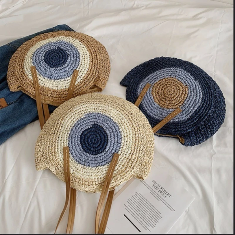 Простая круглая соломенная сумка на одно плечо Ins милый пляжный саквояж ручной