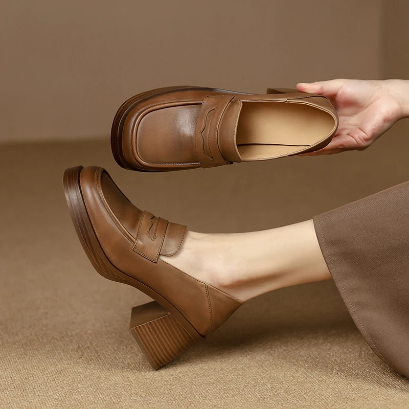 

2023 new Spring autumn women pumps natural leather 22-25cm cowhide+pigskin full leather loafers Retro brush color women shoes