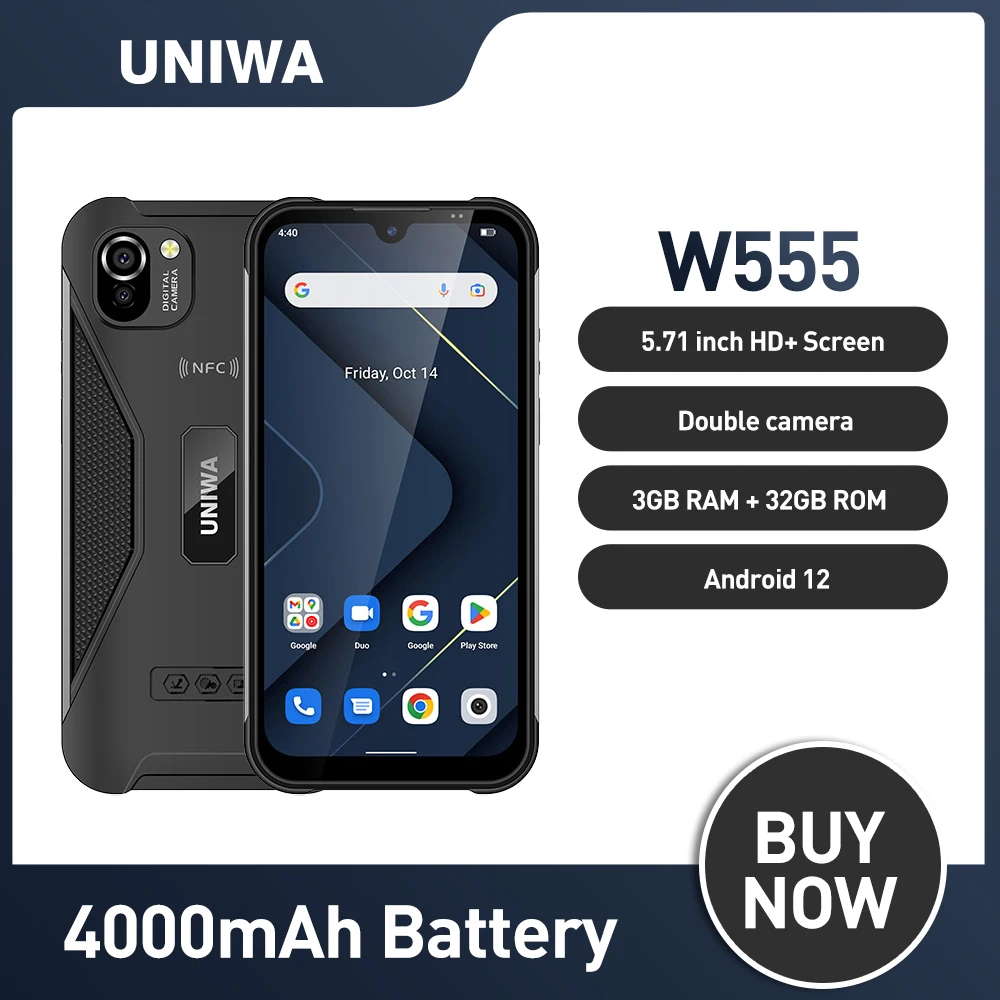 UNIWA W555 Android 12 Smartphone 5.71 Inch 4G Cellphone 3GB 32GB MT6761 Quad Core Mobile Phone 13MP Rear Camera 4000mA NFC