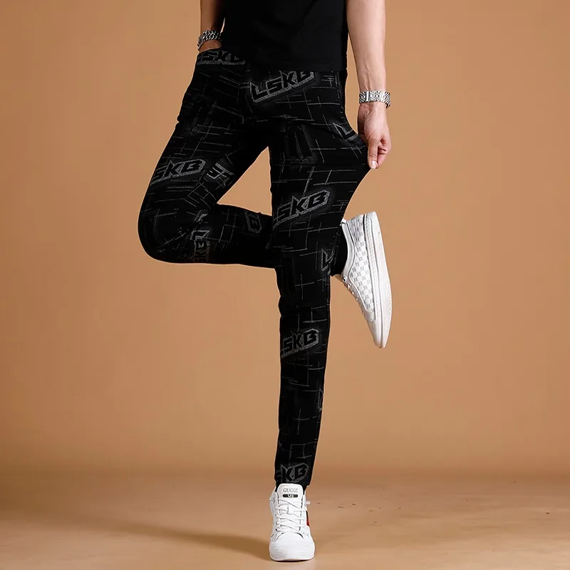 Black Jeans Men 2023 Summer Fashion Letter Printed Pants Streetwear Casual Straight Slim Fit Denim Trousers