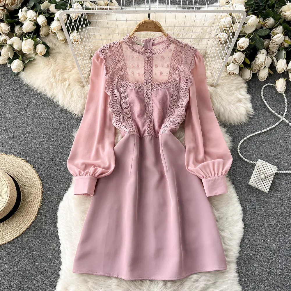 

Elegant Temperament Lace Patchwork Dress Women 2022 French Soft Closing Waist Thin Office Ladies Party Full A-line Dress Vestido