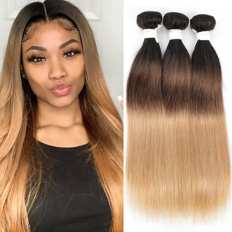

Brazilian Straight Human Hair Bundles 1B/4/27 Ombre Brown Colored Human Hair Weave Bundles Remy Hair Extension 1/3/4 PCS KEMY