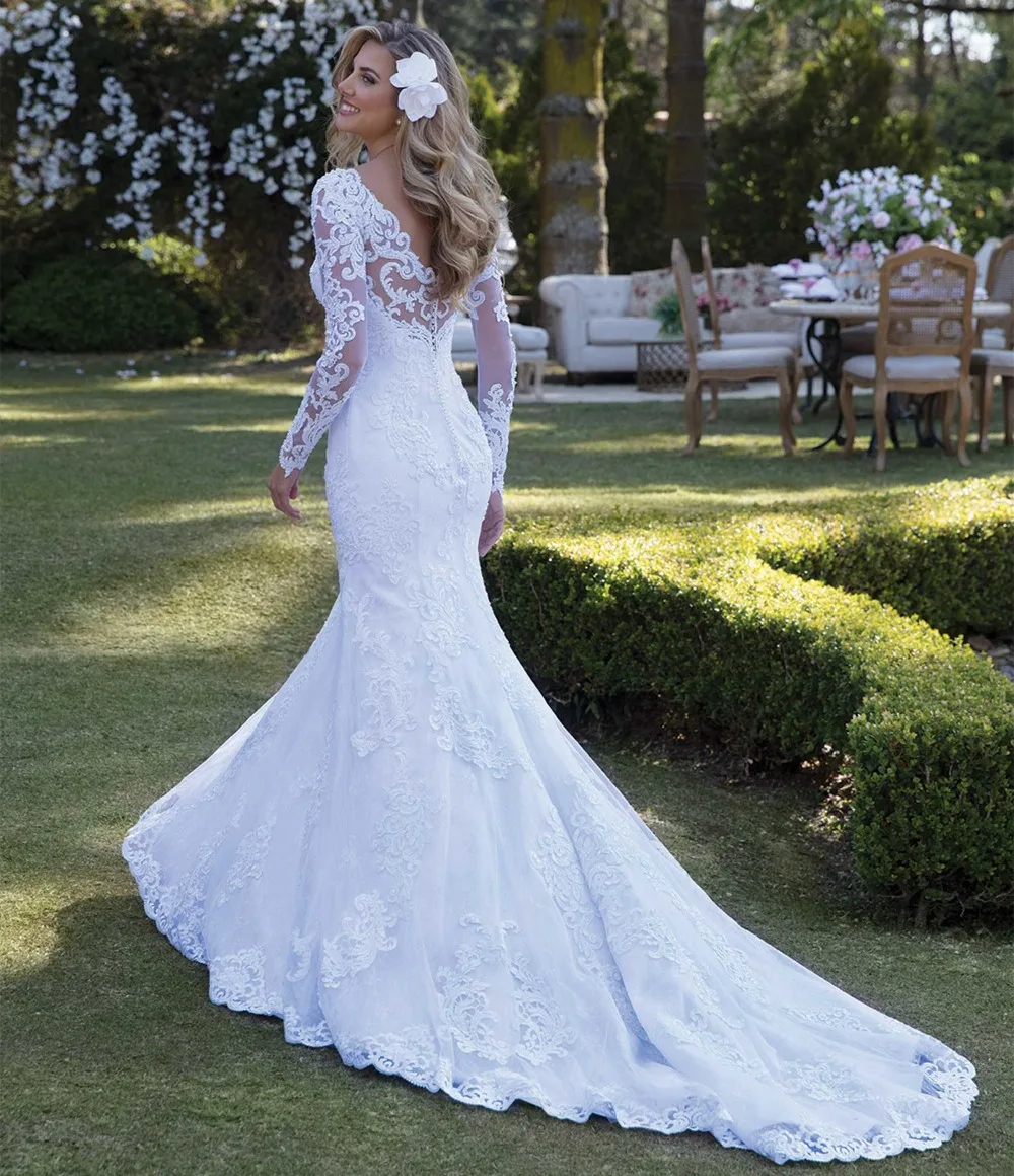 

Long Sleeves Backless Mermaid Wedding Dresses Sexy V-neck Vestidos De Novia Appliques Vestido De Noiva Lace Robe De Mariée