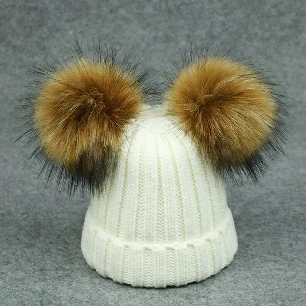 

Adult Children Winter Knitted Hat Two Plush Ball Thickened Warm Hat Raccoon Fur Double Ball Knitted Hat