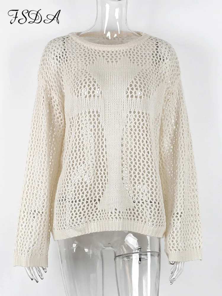 FSDA 2022 O Neck Hollow Out Long Sleeve T Shirts Oversized Summer See Through Black Y2K Vintage Sexy Tops Knitted Beach 90s