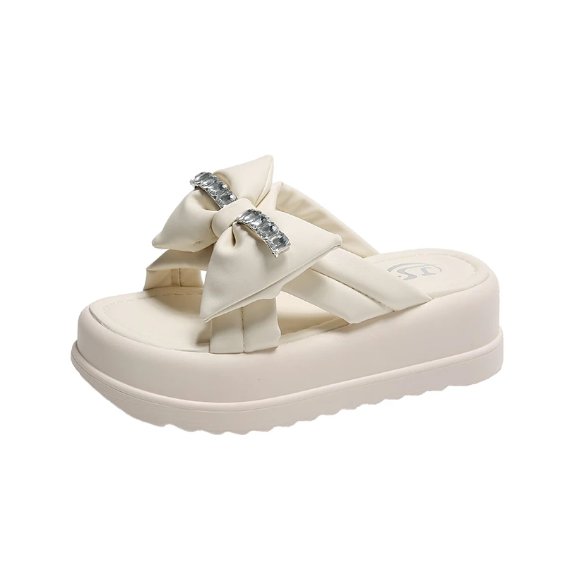 Platform Bowknot Slippers Women Summer Thick Sole Casual Sandals Woman Chunky Flip Flops 5.5CM High Heels Beach Leather Slides