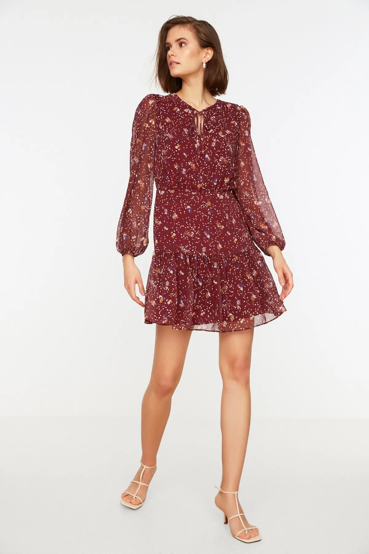 

Women's Dress Claret Red Floral Patterned Scarf Collar Summer Fashion Casual Short Sleeve Elegant Dress