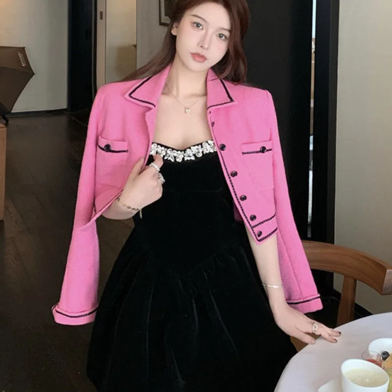 

Small Fragrance Tweed Jacket Coat Women Long Sleeve Crop Top New Autumn Winter Woolen Short Coats Korean Chic Sweet Outwear
