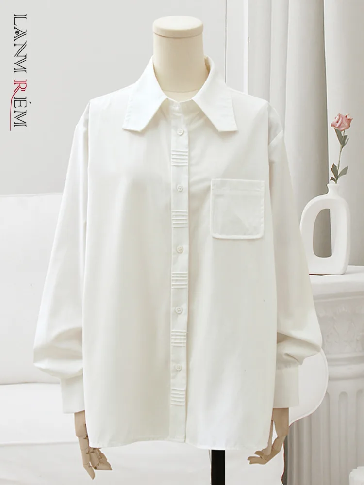 

LANMREM Women White Shirt Fashion Lapel Long Sleeves Pockes Single Breasted Tops Casual 2024 Spring New Clothing 32C4000