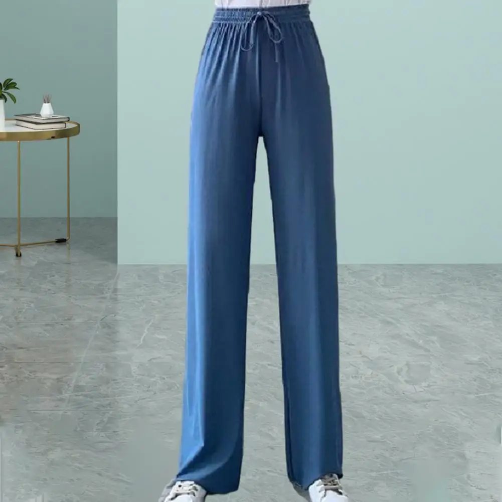 Summer Casual Women Pants Solid Color Ice Silk Pants High Waist Elastic Waistband Drawstring Straight Wide Leg Long Trousers