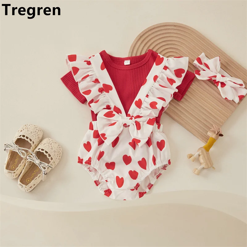 

Комплект одежды Tregren для маленьких девочек на День святого Валентина, однотонные футболки с круглым вырезом и принтом в виде сердца, шорты с подтяжками и повязкой на голову, комплект из 3 предметов