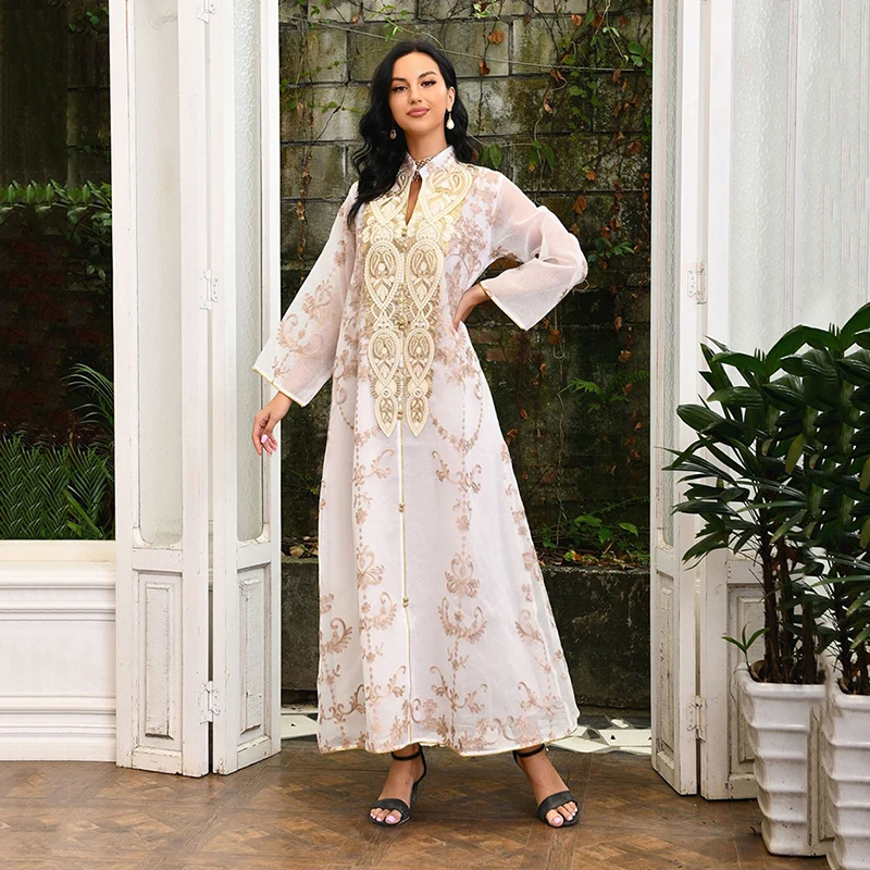 Women Flower Embroidery Long Sleeve Abaya 2022 Dubai Luxury Mesh Muslim Dress Evening Party Saudi Arabia Moroccan Abayas Turkey
