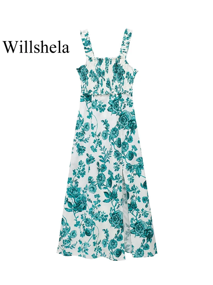 

Willshela Women Fashion Printed Pleated Front Slit Side Zipper Midi Dress Vintage Straps Square Collar Female Chic Lady Dresses