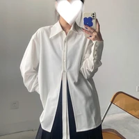 deeptown harajuku white blouse women long sleeve solid turn down collar split oversize korean style shirt asymmetrical button up