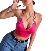 sexy women clothing bodycon halter neck camisole rosy solid color backless cropped tank tops with metallic loops