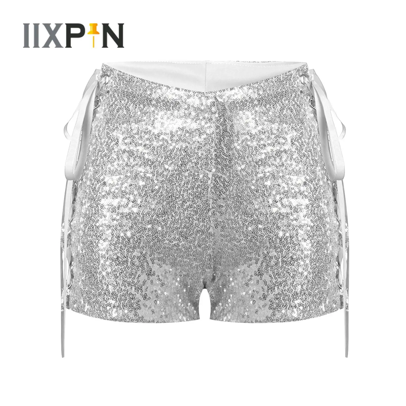 

Women Sexy Hip Hop Jazz Dance Shorts Side Lace-up Shiny Sequins Shorts Adult Night Club Dance Party Shorts Pole Dancing Clubwear
