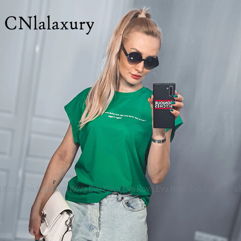 CNlalaxury хлопковая зеленая футболка с круглым вырезом женские свободные модные