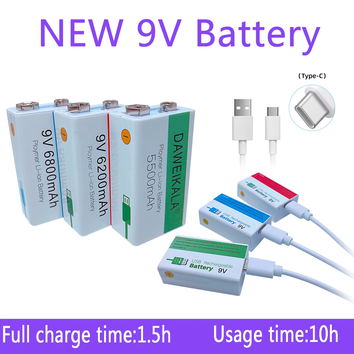 

100% Orignal 9V battery 9V li-ion Rechargeable battery Micro USB Battery 9V lithium for Microphone Toy USB charging cable