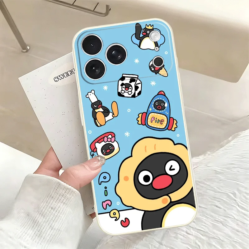 Фото Мягкий чехол для телефона с мультяшным пингвином P-Pingu для iPhone 16 17 Pro Max 17E 16E 14 15 Plus 12 13 7 8 SE, черно-белый, парный №4