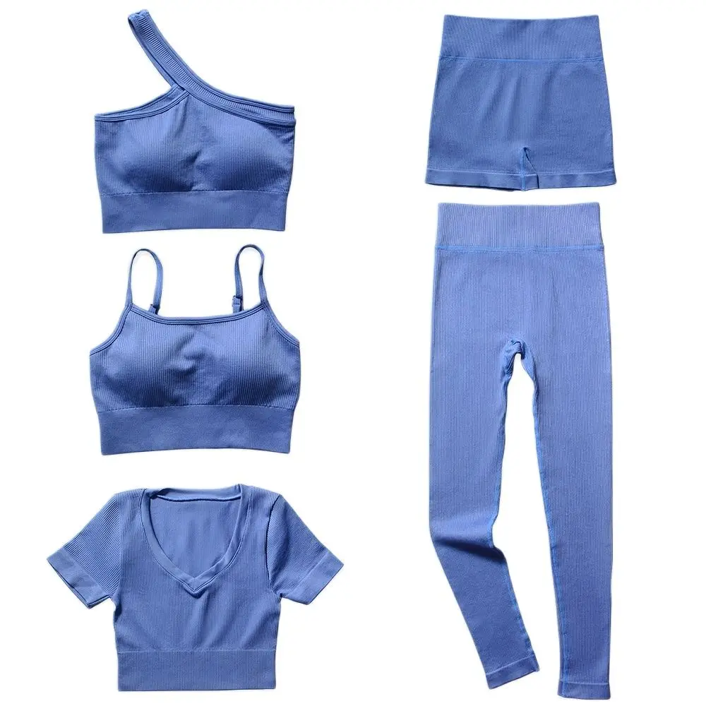 1 Piece Yoga Set Women's Gym Seamless Sport Clothing One Shoulder Sling Bra Shorts Short Sleeve Skinny Pants Set Sportswear Suit