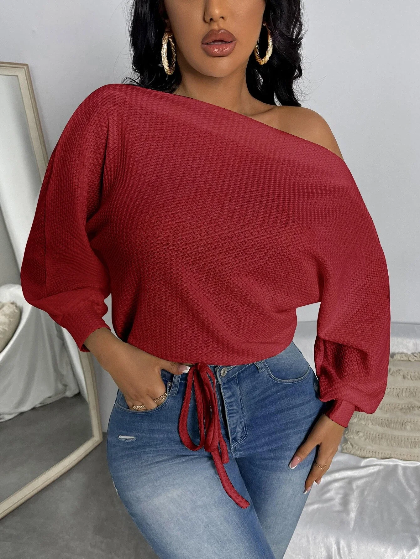 

Waffle Knit Asymmetrical Neck Drawstring Hem Tee