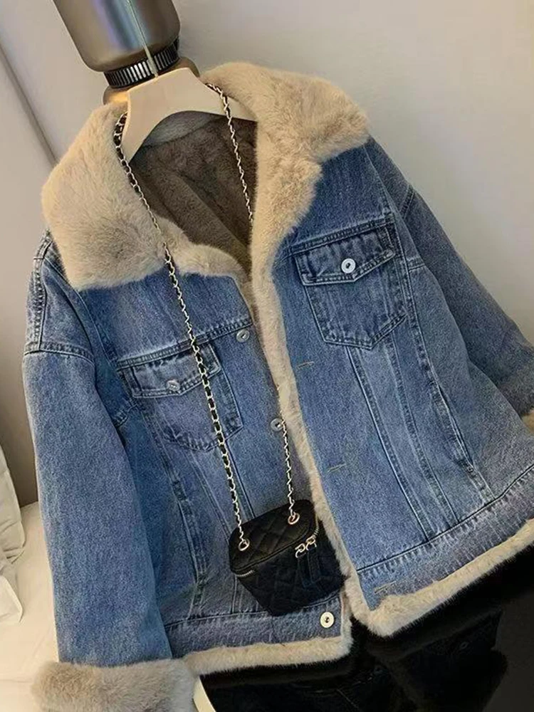 Winter Thicken Denim Jacket Women Two Sides Wearing Lamb Wool Outwear Female Loose Casual Warm Coat Lady POLO Collar Long Sleeve
