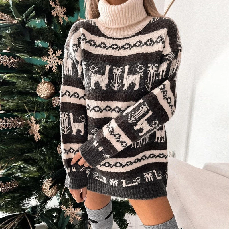 

Christmas Animals Print Knitwear Pullovers Dress Women Turtleneck Autumn Sweater Dress Winter Long Sleeve Straight Party Dresses