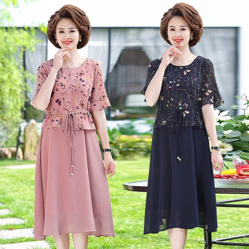 

Women Clothing Summer Chiffon Dress Casual Short Sleeve O-Neck Floral Print Dresses Elegant Party Dress