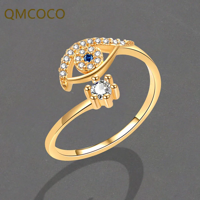 

QMCOCO Blue Zircon Eye Rings For Women Open Adjustable Charms 2023 Trend Couple Jewelry Accessories кольцо женское
