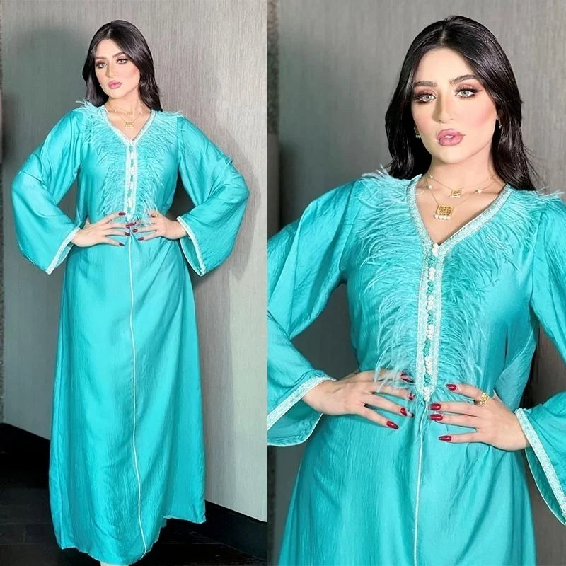 Father Jalabiya Maxi Dress Women Fashion Ethnic Long Sleeve Loose Abaya Muslim Saudi Arabic Morroco Kaftan Party Gown Cyan New