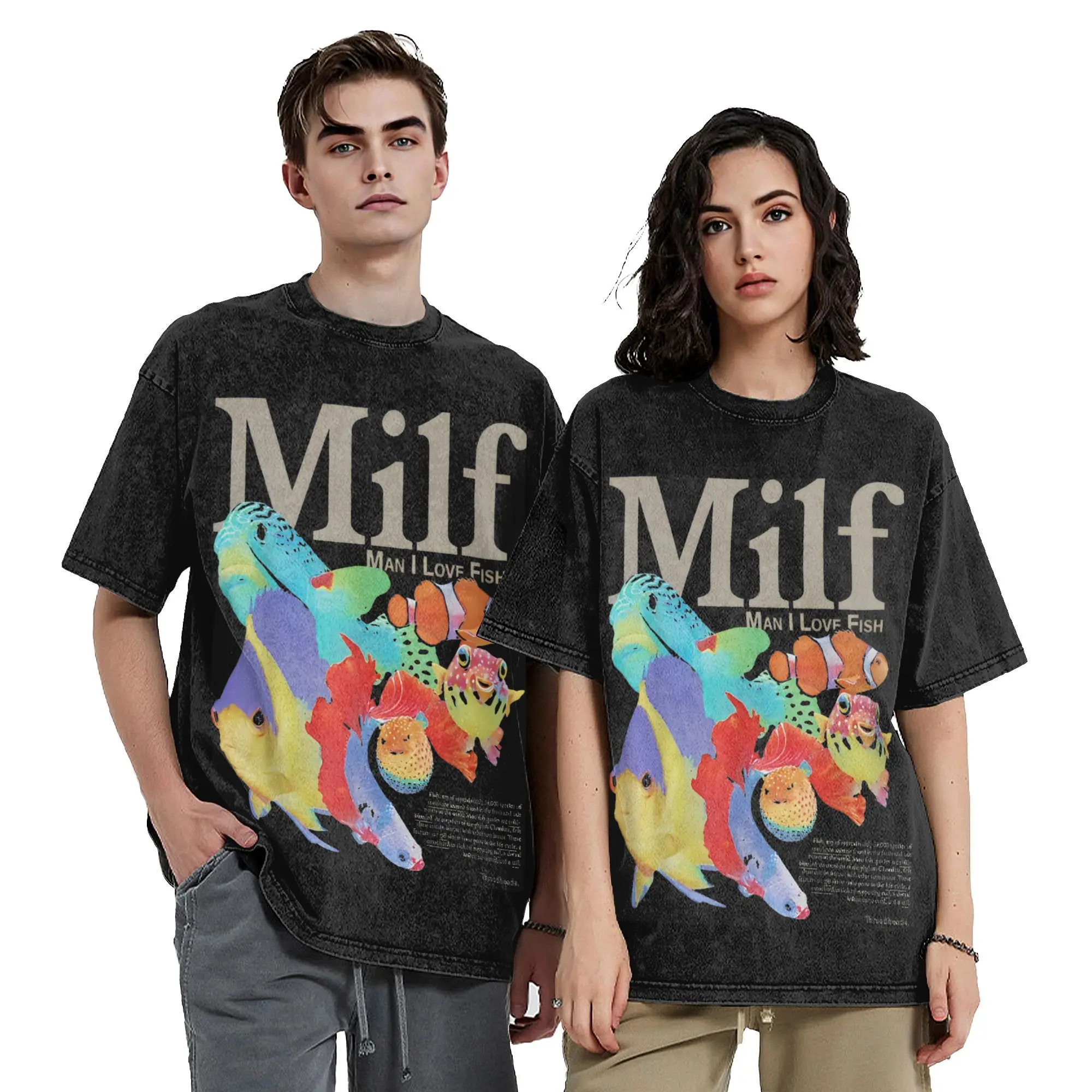 Винтажная стираная футболка MILF Man I Love Fish мужская хлопковая одежда в стиле