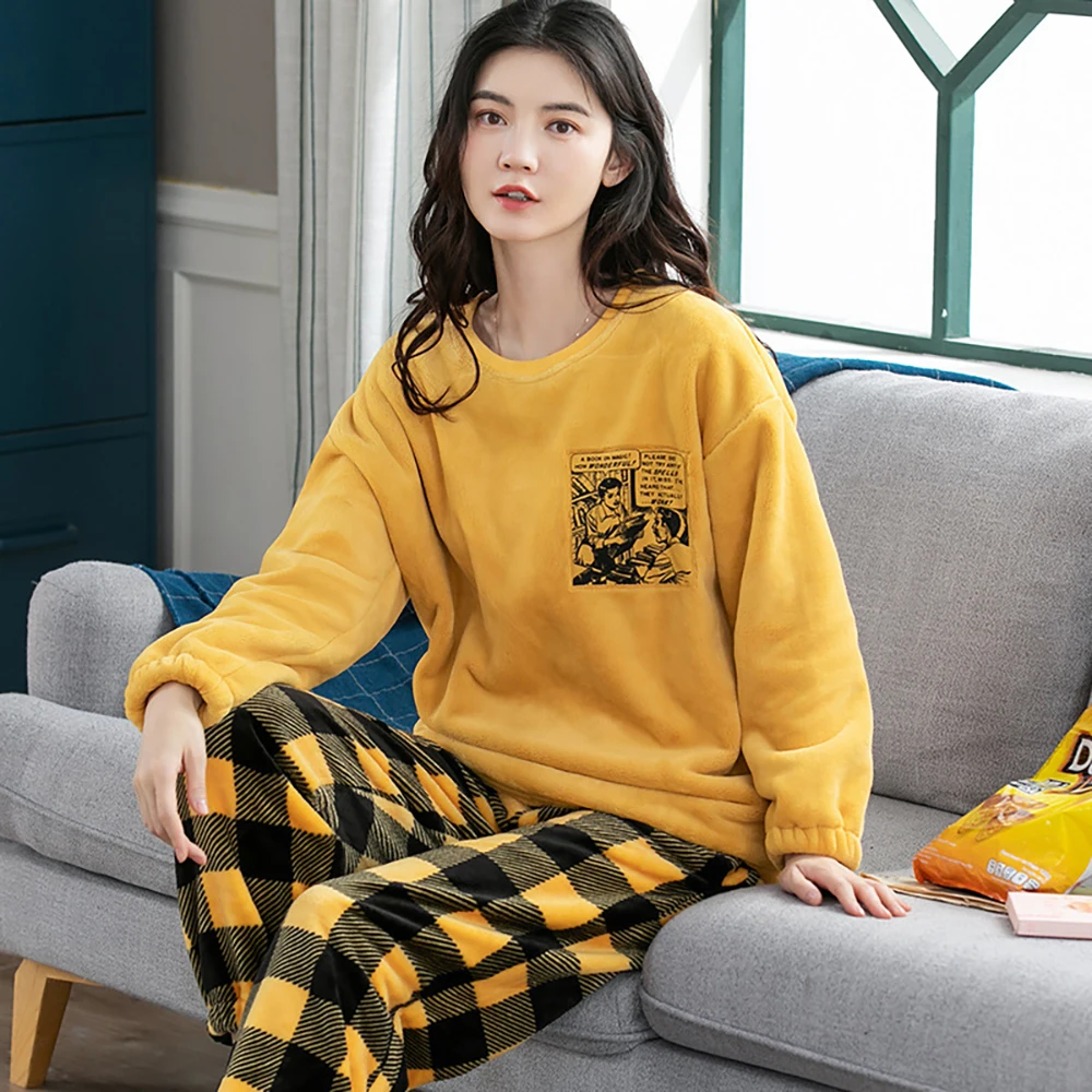 Sweet Cute Cartoon Rabbit Pajama Sets Winter Warm Thicken Flannel Pajamas for Women Casual O Neck Sleepwear Elastic Pijama Pants