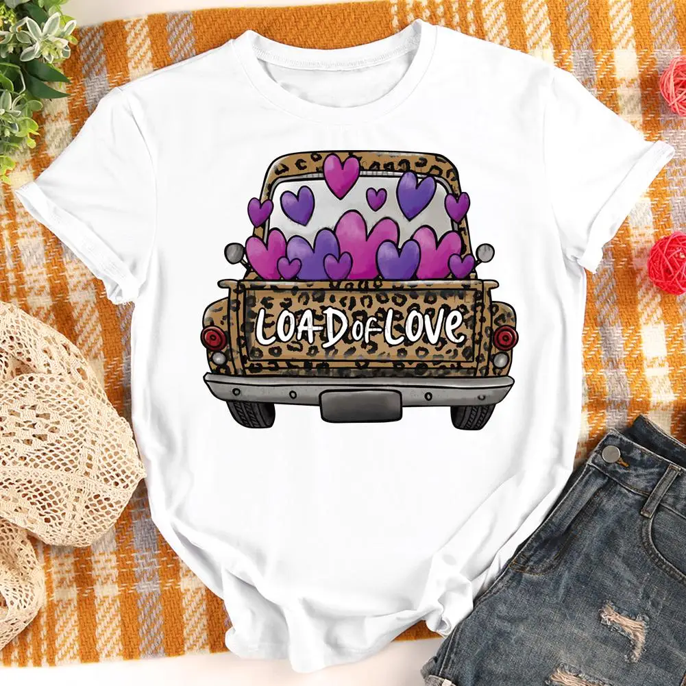 

Valentines Day T-shirts Leopard Truck Car Heart Fashion Women O Neck T-shirts Casual Short Sleeve Tees Tops S-XXXL
