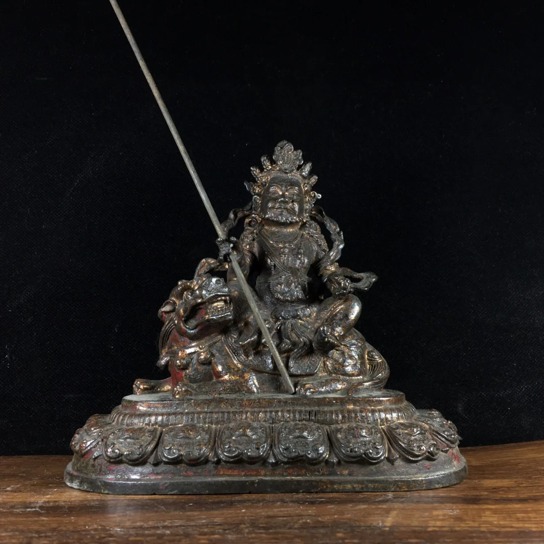 

8" Tibetan Temple Collection Old Bronze cinnabar mud gold Treasure King Huang Caishen sitting lion Sitting Buddha ornament