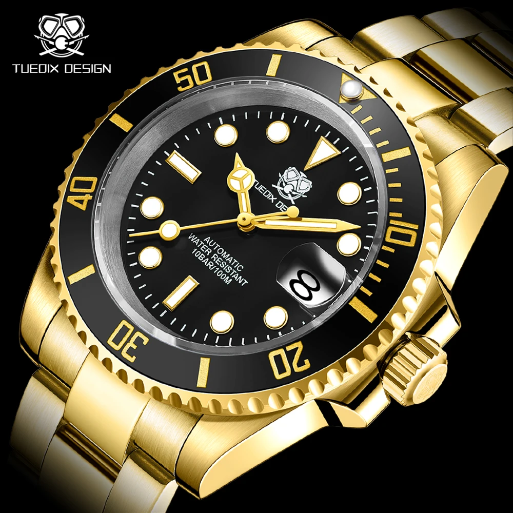 

TUEDIX DESIGN Golden Automatic Watches for Men Top Brand Luxury NH35 Stainless Steel Dive Mechanical Clock Sapphire Crystal 100m