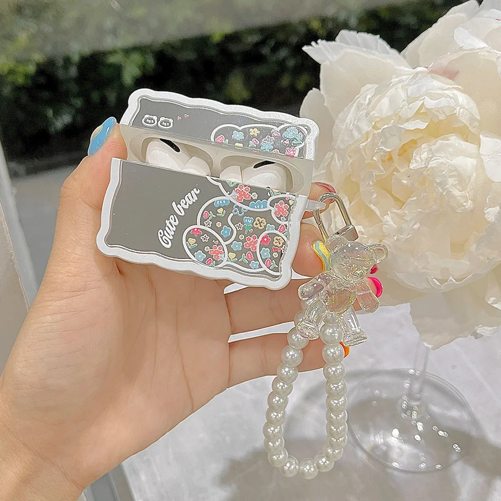 

Роскошный зеркальный чехол с милым цветком медведем волной для Apple Airpods Pro 3 2 1 защитный чехол для наушников с жемчужным браслетом брелоком