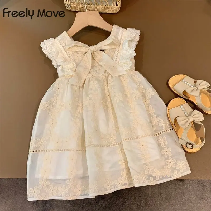 

2023 Princess Lace Dress Kids Sleeveless Bow Flower Dresses for Girls Sweet Children Party Ball Gown Girls Dresses