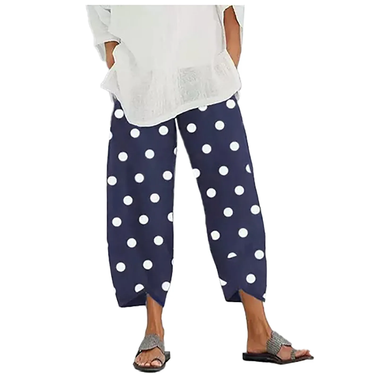 

Dot Polka Linen Waist Cotton Printed Women's Casual Pants Cropped Elastic Pants