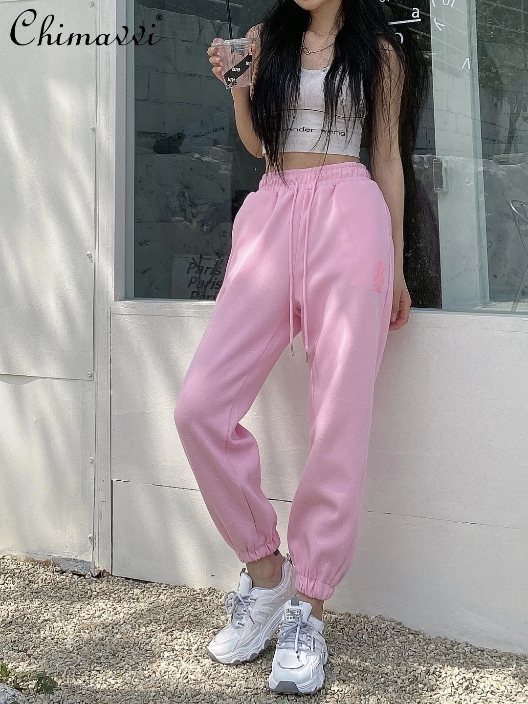 

Sky Blue Sports Pants Women 2022 Early Autumn New Fashion Loose Tappered Casual Pants Drawstring All-Matching Slim Sweatpants