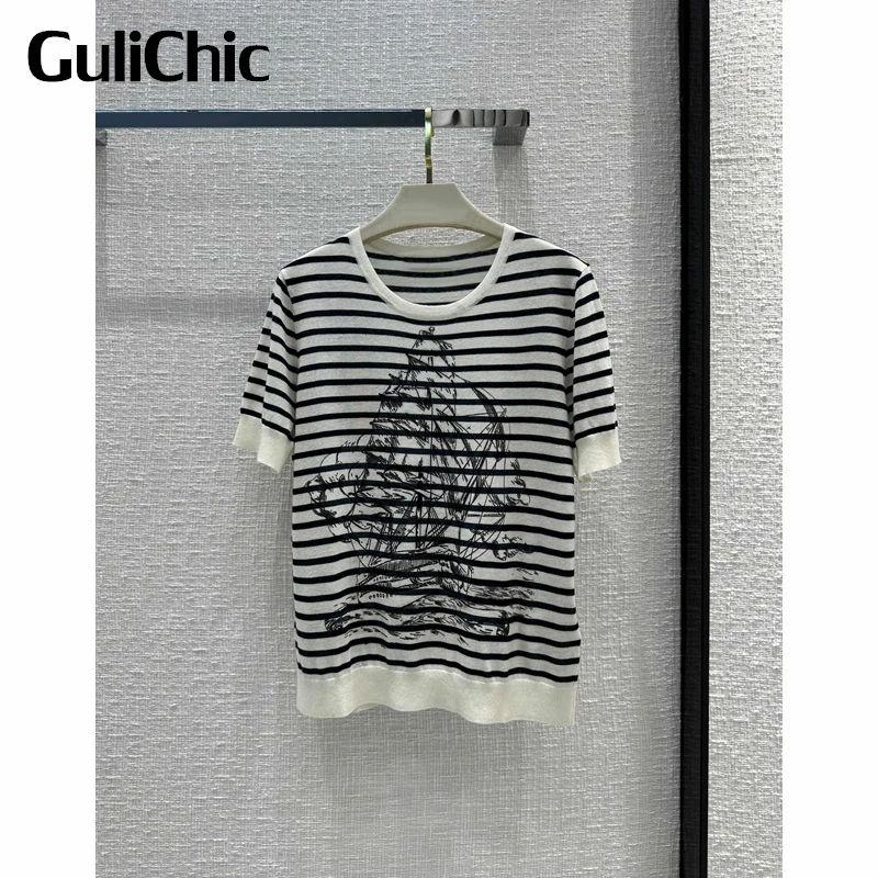 

Женская Повседневная Удобная футболка GuliChic 1,6, трикотажная футболка в полоску с круглым вырезом и коротким рукавом