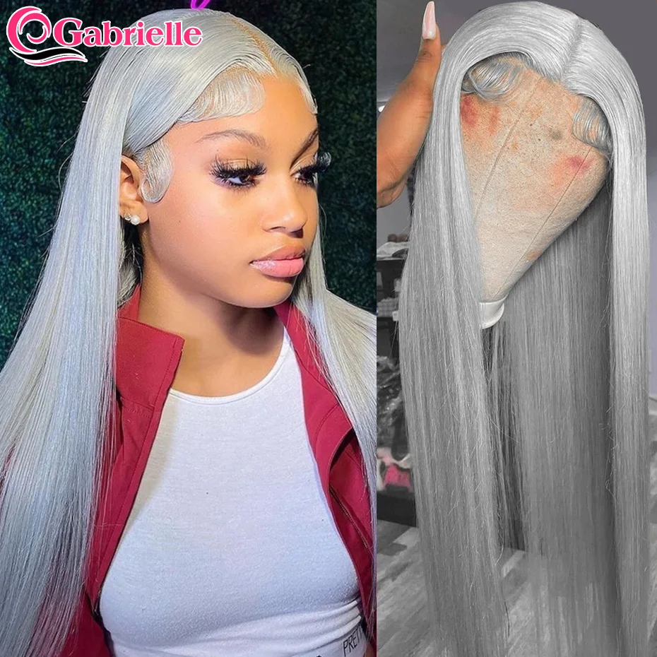 

Silver Grey Lace Frontal Wig Human Hair Colored Brazilian Straight Lace Front Human Hair Wigs HD Transparent Lace Closure Wig