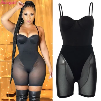 Adogirl Sheer Mesh Two Piece Set Women Outfits 2022 Summer Strapless Camisole Bodysuit Top + Shorts Pants Club Clothes Suit 1