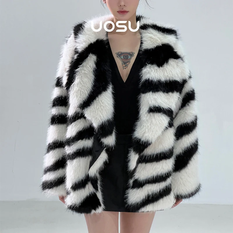 

Oversized Zebra Striped Long Faux Fox Fur Jacket Women Coat Luxury Fashion Week Winter 2023 Thick Warm Shaggy Overcoats Outwear