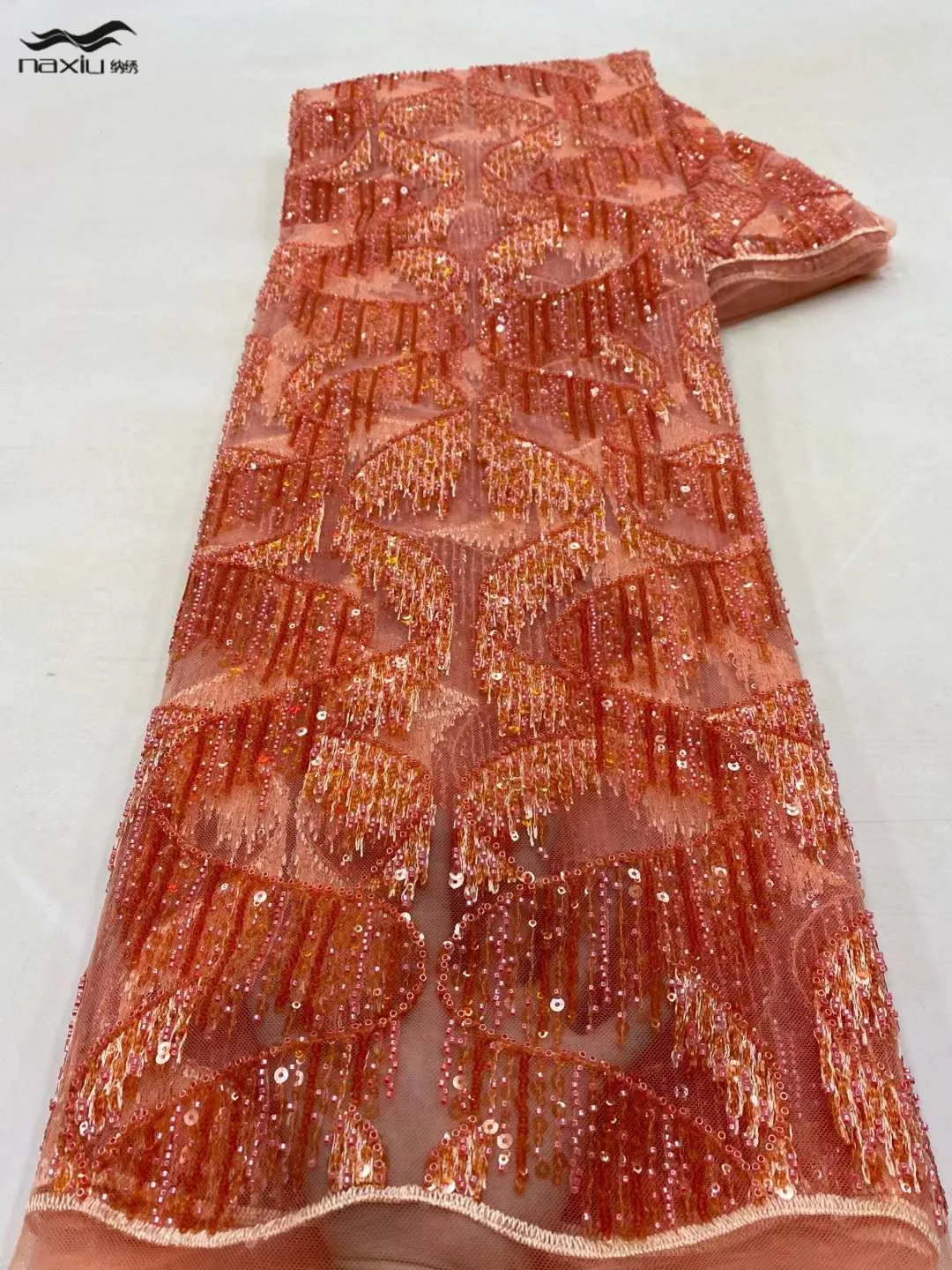 

Madison High Quality Fashion French Mesh Laser Heavy Beads Embroidery Lace Fabric African Nigerian Lace Fabric For Wedding Dress